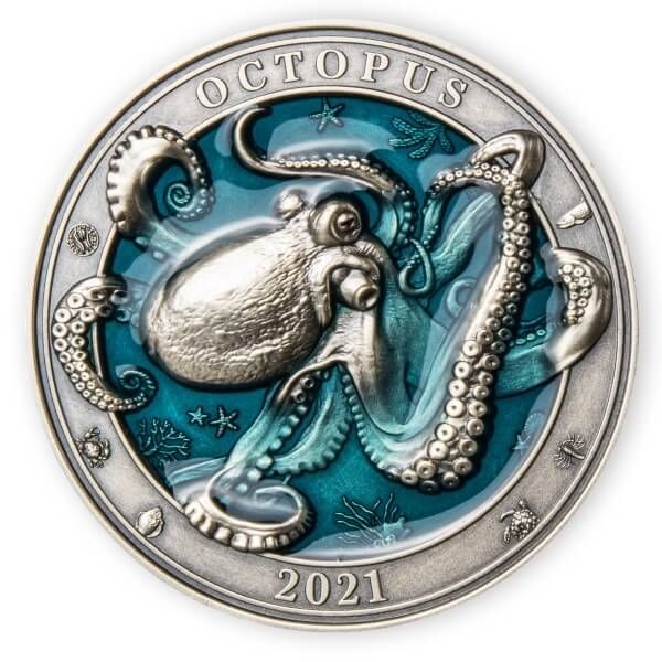 Octopus Underwater World 3 Oz Silver Coin 5$ Barbados 2021 
